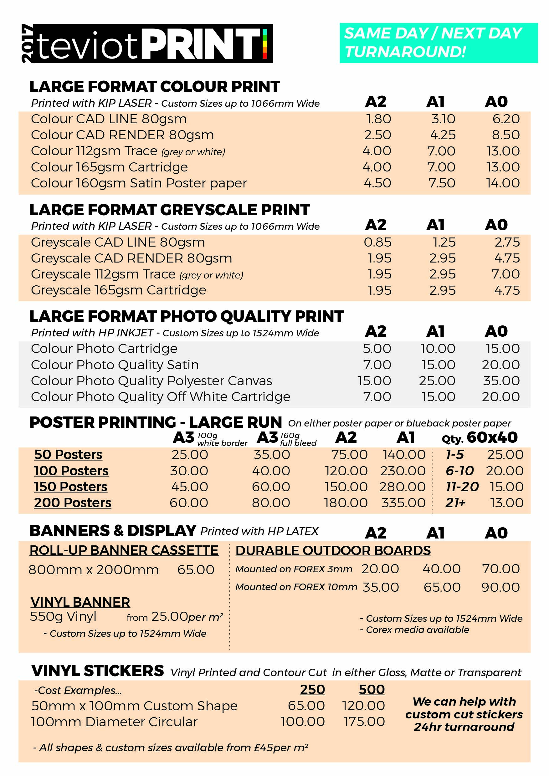 Teviot Print Shop Price list